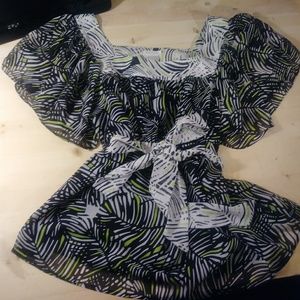 Flutter sleeve square neck blouse with tie waist